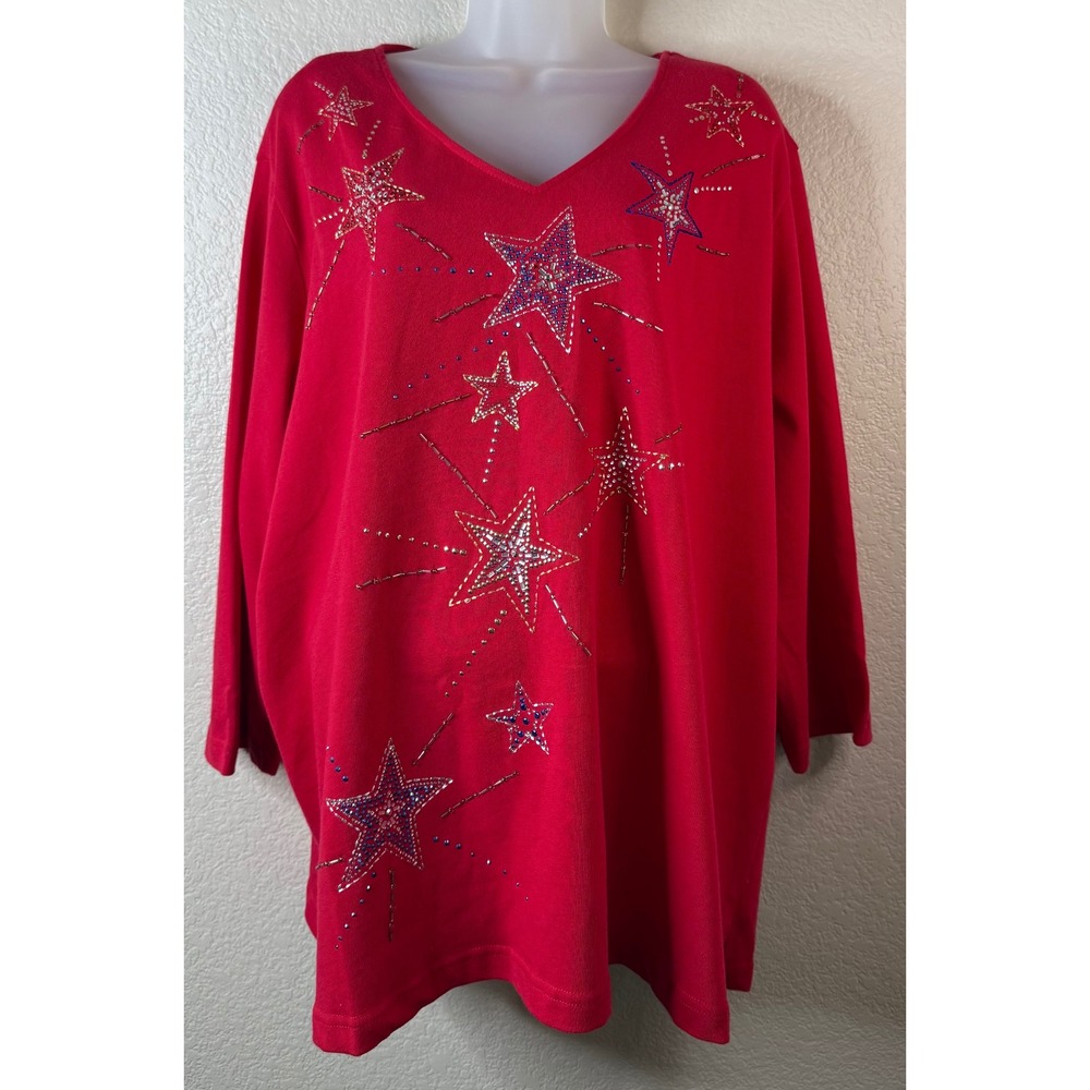 Quacker Factory Womens 3X Top Red Rhinestone Beaded Shooting Star V Neck Cotton